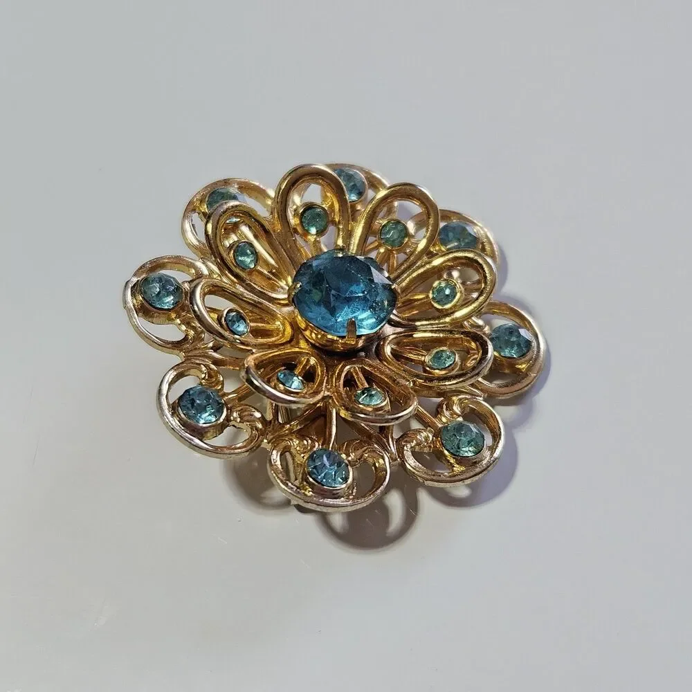Vintage Coro Brooch Flower Blue Rhinestones Gold Tone Signed Pin
